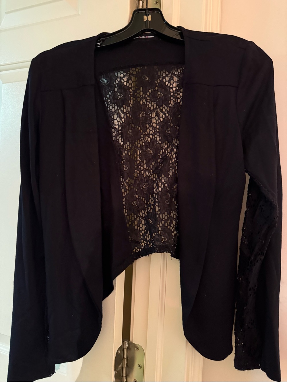 happening in the present Black Lace-Back Open Front Blazer